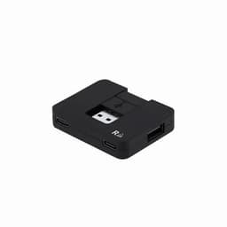 A black USB hub with multiple ports, featuring a compact and sleek design. It has a logo on its surface.