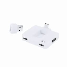 A charging hub in white with two USB-C ports and a USB adapter included. It has a compact design for easy storage.