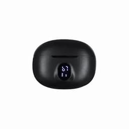 A black charging case with a digital display showing battery percentage. It has a smooth, rounded design.