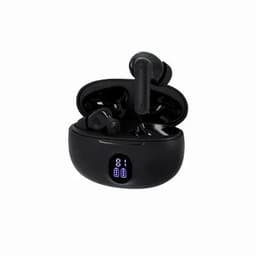 A pair of black wireless earbuds in a charging case with an LED display indicating battery level.