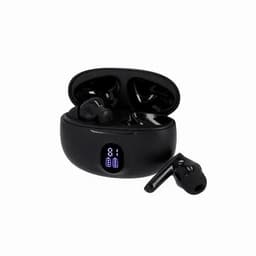 A pair of black wireless earbuds in a charging case with a digital display. The case is compact and sleek.