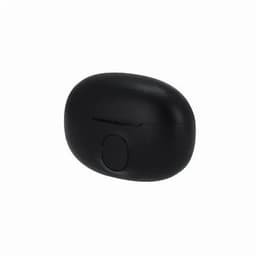 A black wireless earbud case with a simple design and a button on the front. It has a sleek, rounded shape.