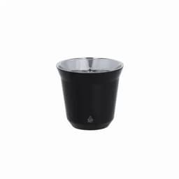 A sleek black drink bottle with a shiny silver inner lining and a curved design. It features a logo on the bottom.