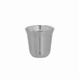 A drink bottle made of shiny stainless steel with a sleek, streamlined design and a rounded top.