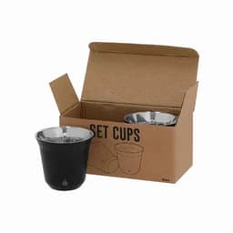 A set of black and silver cups in a brown cardboard box. The cups have a shiny interior and matte exterior.