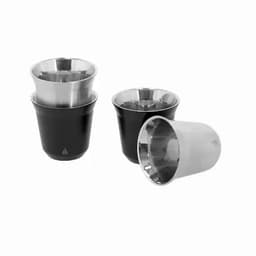 A stack of drink cups, featuring black exterior and shiny silver interior, with a logo on the base.