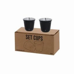 A set of two black drink cups with a silver interior, packaged in a brown box.