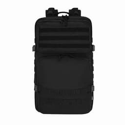 A black backpack featuring a textured front and multiple straps for attachment. Includes a logo on the design.