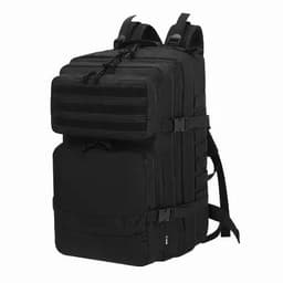 A black backpack with multiple compartments and adjustable straps, featuring a sleek, tactical design.