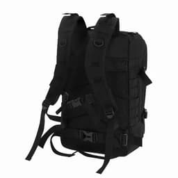 A black backpack featuring adjustable straps and multiple attachment points, designed for functionality and comfort.