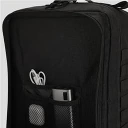 A black backpack with multiple compartments, featuring a mesh pocket with a drink bottle, cables, and a small pouch.
