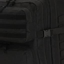 A black backpack featuring multiple zippered compartments and adjustable straps. The material appears durable and textured.