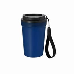 A drink bottle in navy blue with a black lid and a strap attached for carrying. Features a logo on the side.