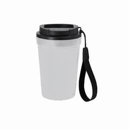 A drink bottle in white and black with a secure lid and a black wrist strap. Features a branding logo.