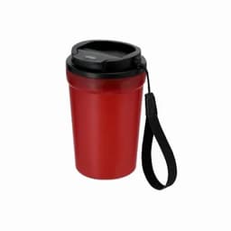 A drink bottle in red with a black lid and a strap for easy carrying. It features a logo on the side.