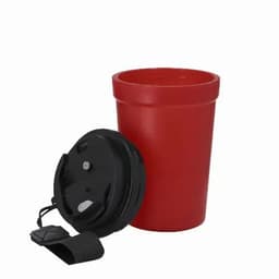 A red drink bottle with a black lid and strap. The lid features a spout and a secure closure.