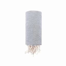 A grey knitted scarf with fringed ends, neatly rolled. It has a soft texture and a simple design.