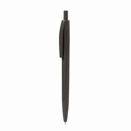 A black pen with a clip and a round barrel, featuring a retractable tip.