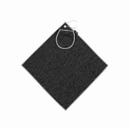 A dark grey towel with a small pocket and a loop for hanging. It has a simple, clean design.