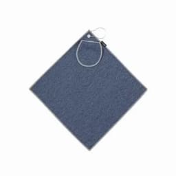 A grey kitchen towel with a hanging loop, featuring a simple design and contrasting border.