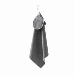 A grey fabric hanging towel with a circular loop for easy storage.