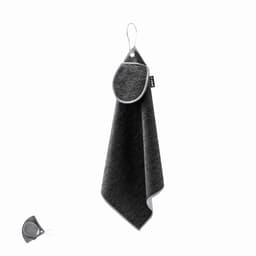 A grey towel with a hanging loop, featuring a pocket for easy storage. It has a contrasting white trim.