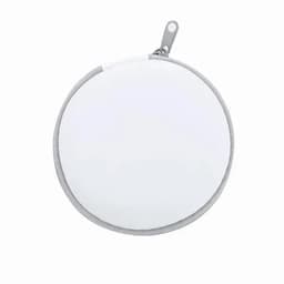 A circular, zippered pouch in white and grey, featuring a sleek, minimalist design. It has a hanging loop.