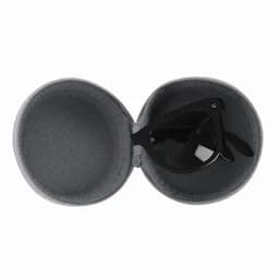 A sunglasses case in grey, containing a pair of black sunglasses inside.