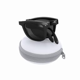 A pair of black sunglasses resting inside a grey and white protective case.