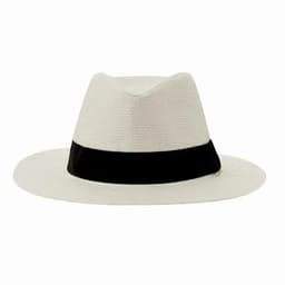 A white fedora hat with a black ribbon band. The hat has a wide brim and a textured design.