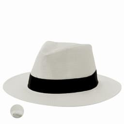 A white hat with a black band, featuring a wide brim and a textured surface.