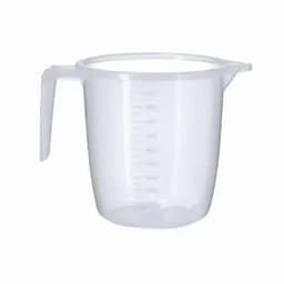 A clear plastic measuring jug with a handle and measurement markings on the side.