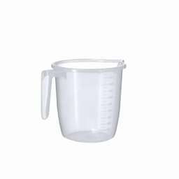 A measuring jug with a handle, transparent plastic, featuring measurement markings on the side.
