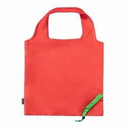 A reusable fabric bag in bright orange with a green zipper detail. The bag has a handle for easy carrying.