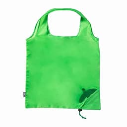 A green reusable tote bag featuring a foldable design and a small pocket for storage. It has a branding logo.