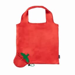 A red tote bag paired with a small pouch of the same colour, featuring a branding logo.