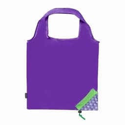 A purple reusable shopping bag with a green and patterned corner. It features a handle and folds for easy storage.