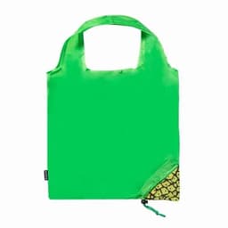 A green reusable tote bag with a patterned corner and a handle. It features a logo on the side.