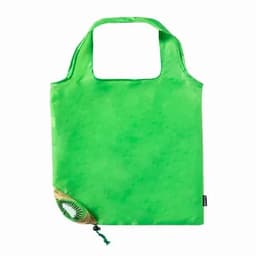 A green reusable tote bag with a folding design, featuring a circular logo in the bottom corner.