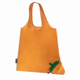 An orange tote bag with green detailing, featuring a logo on the side.