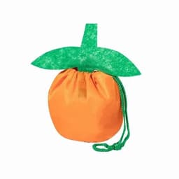 An orange drawstring bag with a green leaf design on top. It has a textured surface and a matching draw cord.
