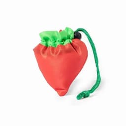 A small drawstring pouch shaped like a strawberry, featuring red fabric with green accents. It has a green cord.