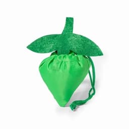A green strawberry-shaped bag with a leafy top, featuring a drawstring closure. The bag has a smooth texture.
