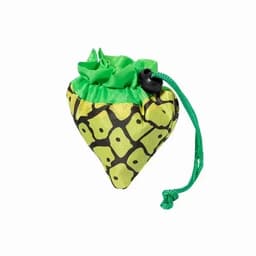 A pouch in the shape of a green and yellow strawberry with a drawstring closure. It has a patterned design.
