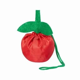 A red drawstring bag shaped like an apple, featuring a green leaf and stem on top.