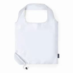 A foldable shopping bag in a light white colour with a loop handle and drawstring closure. Features a logo tag.