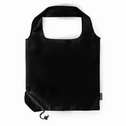 A black reusable shopping bag with a handle and drawstring closure, featuring a branding logo.