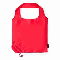 A red reusable shopping bag with a wide handle and a drawstring closure at the bottom. It has a logo.