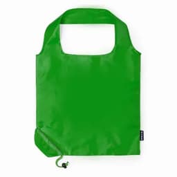 A green foldable tote bag with a rounded handle and a drawstring closure at the bottom.