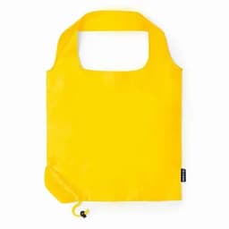 A yellow reusable bag with a cut-out handle and drawstring closure, featuring a branding label.